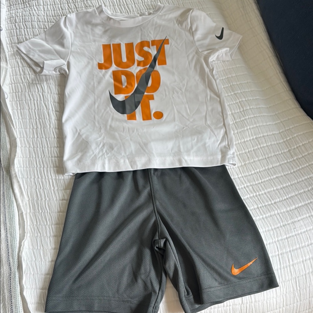 Nike White Tee and Gray Shorts Set with Orange Accents